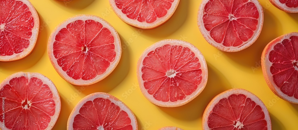 Aufkleber Top view of vibrant grapefruit slices on a colored background creating a creative summer concept A half of the citrus fruit is displayed in a minimalistic flat lay with copy space image