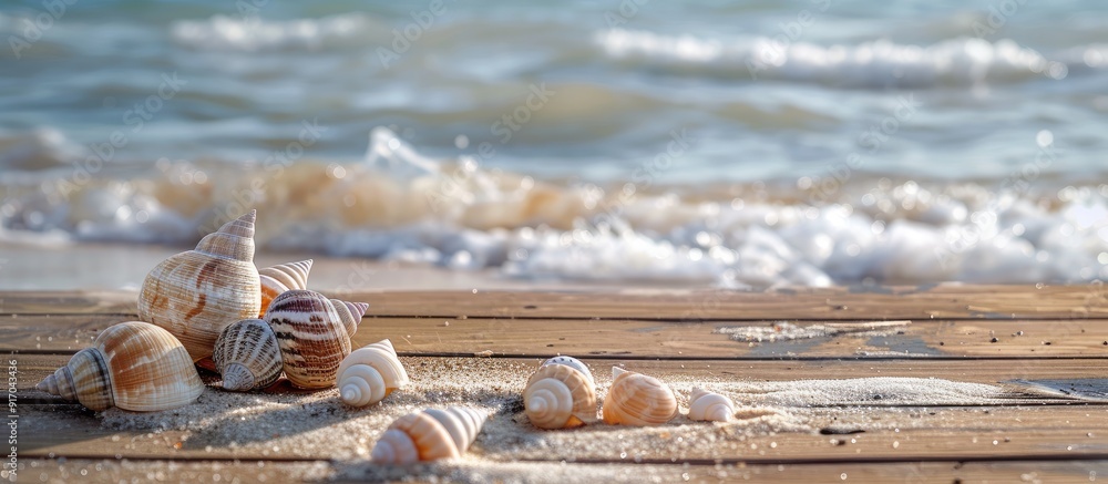 Poster Summer setting with sea shells displayed on a wooden pier and sandy beach with empty sea snail shells scattered around perfect for a copy space image