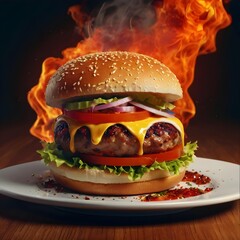 a spicy battered fried chicken hamburger with fire and flying chilli, isolated on a dark background