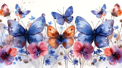 A whimsical watercolor pattern of a butterfly garden, various butterflies and flowers, soft pastel colors, delicate details, seamless design, ethereal and light, hd quality, natural look.