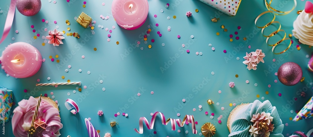 Poster flat lay abstract background with birthday party decorations like candles streamers hats and gift bo