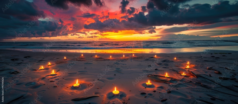 Poster Candles arranged in a heart shape on sandy beach during dusk set against a colorful sky with dark clouds overhead creating a romantic scene with copy space image