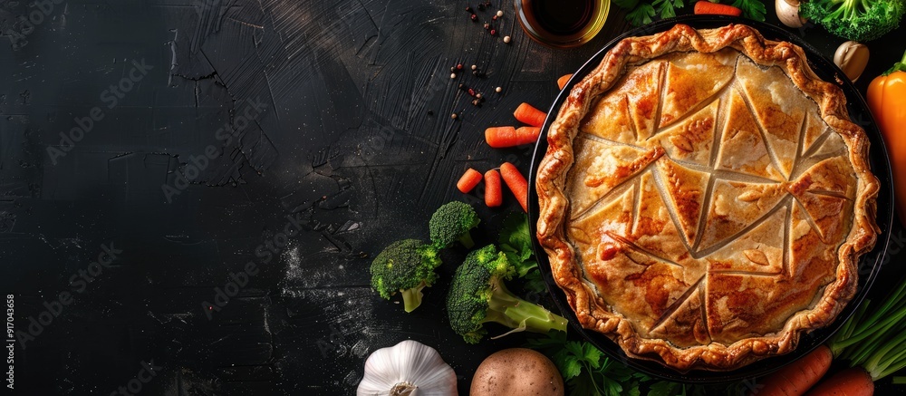 Poster delicious vegetable pot pie surrounded by its ingredients on a black backdrop with a copy space imag