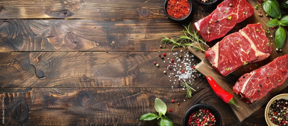 Poster A flat lay wooden table displaying fresh raw meat steaks alongside spices offering a copy space image for text
