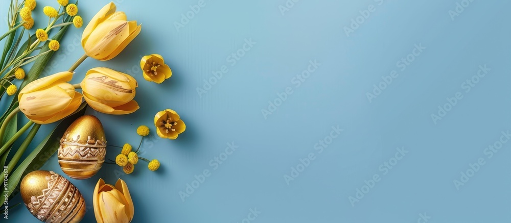 Sticker A stunning composition with Easter themed golden eggs yellow tulips and painted wooden eggs on a blue background offering ample copy space for text creating a beautiful greeting card template