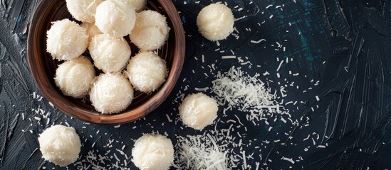 Obraz premium Coconut milk candies on a dark background with coconut flakes ready for dessert ideal for a copy space image