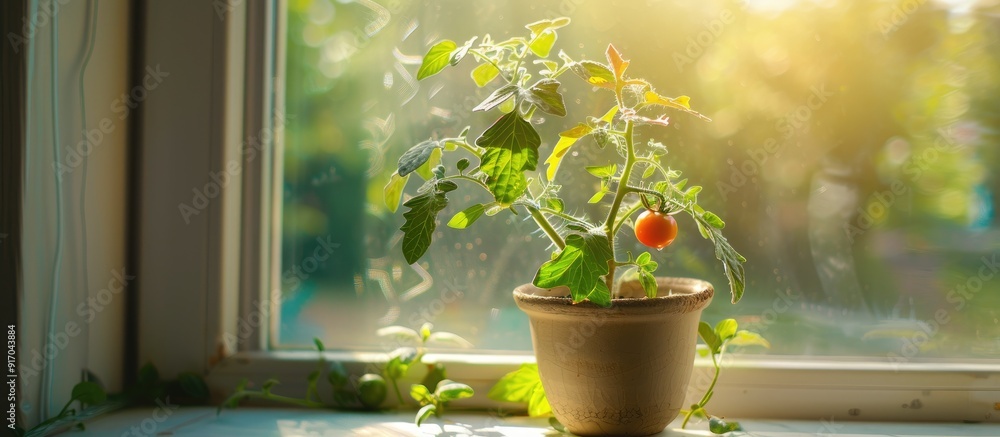 Poster indoor setting with a tomato plant in a pot on a windowsill showcasing a copy space image