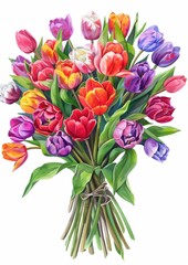 Obraz premium Colorful bouquet of spring tulips tied with a string, presented as a vibrant watercolor illustration isolated on a white background.