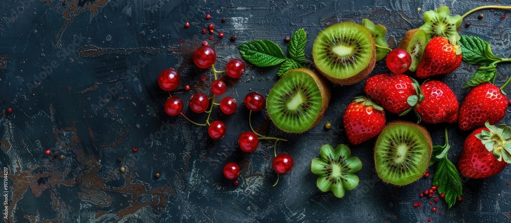 Poster Red strawberries and green kiwi beautifully arranged on a dark metallic backdrop along with sliced kiwi and red berries displayed on a vintage background depicting a vegetarian dish in a top view wit