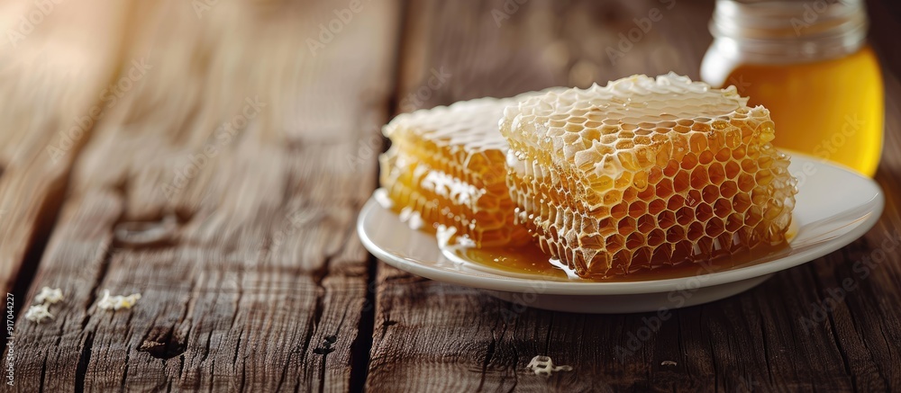 Poster Honeycomb on a white plate is displayed next to a glass jar against a wooden background creating a rustic setting with copy space image