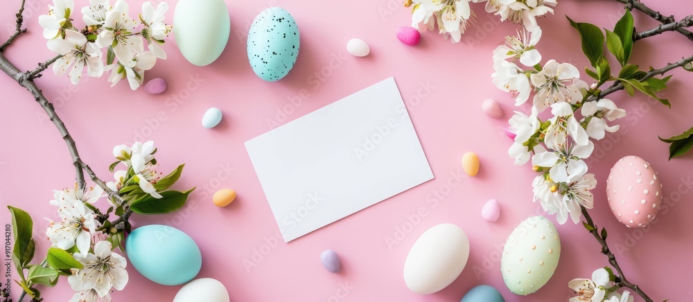Aufkleber easter themed arrangement with a blank card colorful eggs and blooming flowers on a soft pink backdr