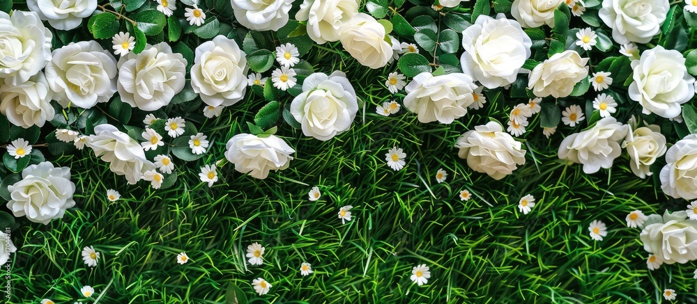 Leinwandbilder top view of spring white roses on green grass set against a white background with room for text idea
