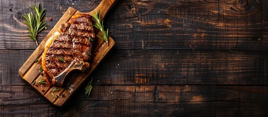Top view of a fresh tender T bone steak on a wooden cutting board set for a BBQ against an old dark wooden table background with ample space for text or images