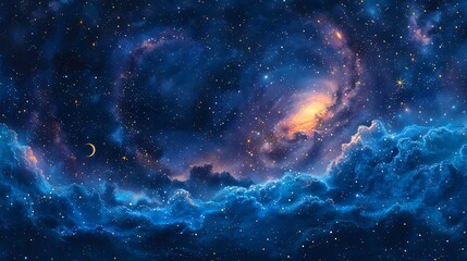 Fototapeta premium Celestial night watercolor pattern, deep blues and purples, star constellations, glowing crescent moons, twinkling stars with soft edges, subtle nebula clouds, mystical and serene ambiance,