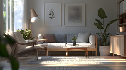 Fototapeta premium Scandinavian Living Room Background. Interior Design. AI.