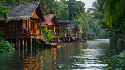 Fototapeta premium Beautiful image of traditional Thai wooden stilt houses surrounded by lush greenery, set amidst a peaceful and beautiful body of water, a characteristic of many secluded resorts in Thailand.