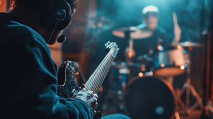 Naklejka premium Show someone enjoying music, whether through listening to a favorite song, attending a live concert, or playing an instrument, capturing the pleasure of auditory experiences. 
