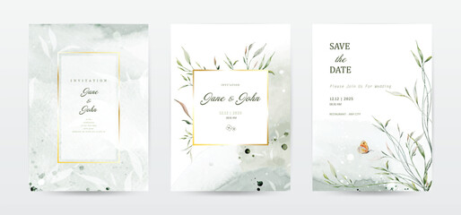 Set of watercolor leaves wedding invitation template cards © Artnizu
