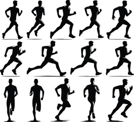 Running man and woman black silhouette isolated vector illustration. Running couple, jogging couple.