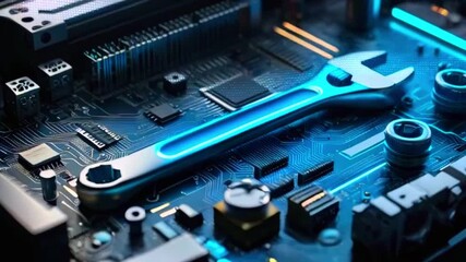 A wrench lays across a computer motherboard, a symbol of repair and maintenance.