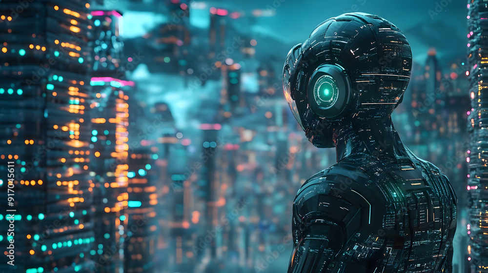 Poster smart city digital world metaverse, 3d ai artificial intelligence robot engineer digital technology 