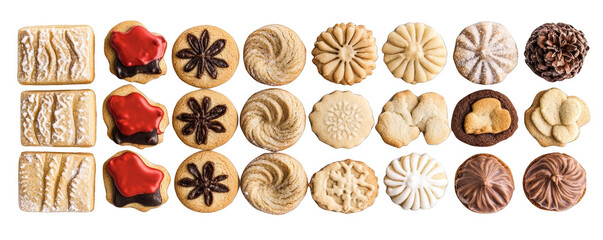 Assorted delicious cookies arranged in rows, showcasing various shapes, designs, and flavors, perfect for dessert and snacks.