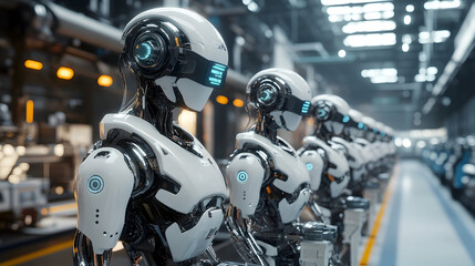 Fototapeta premium Smart factory, industry 4.0 M2M computer aided manufacturing 3D Robot automated team working AI chatbot future process futuristic industry engineering background digital technology industry revolution