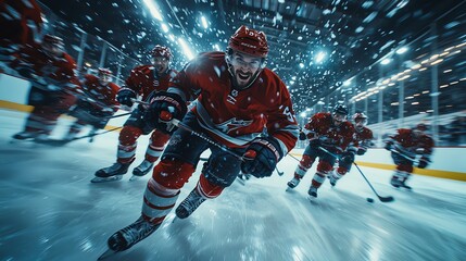 Intense hockey team in red uniforms on ice rink, captured in motion with dynamic lighting, creating an exciting and energetic scene.