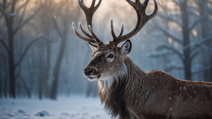 Naklejka premium Cervo maschio in una foresta innevata in inverno