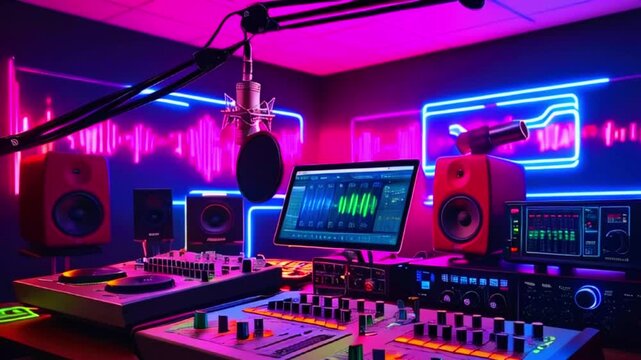 A modern recording studio with a microphone, speakers, and a mixing console.