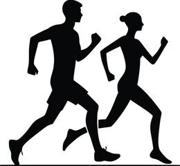 Running man and woman black silhouette isolated vector illustration. Running couple, jogging couple.