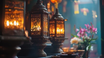 ceremonial lanterns and offerings arranged on the altar, adding to the sacred ambiance.