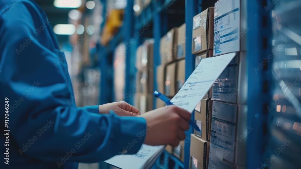 Aufkleber a close-up of a warehouse inventory audit process, with workers conducting checks and updating recor