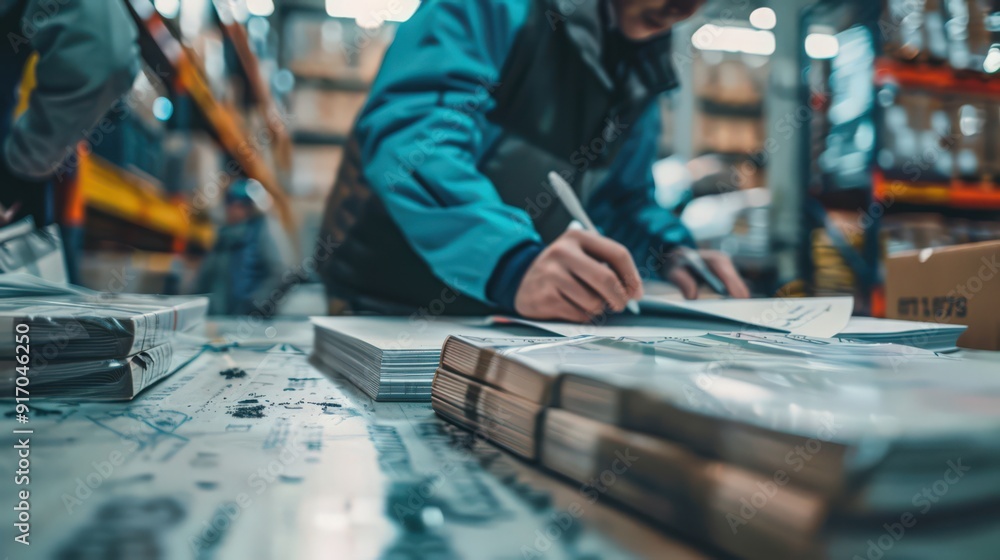 Poster a close-up of a warehouse inventory audit process, with workers conducting checks and updating recor