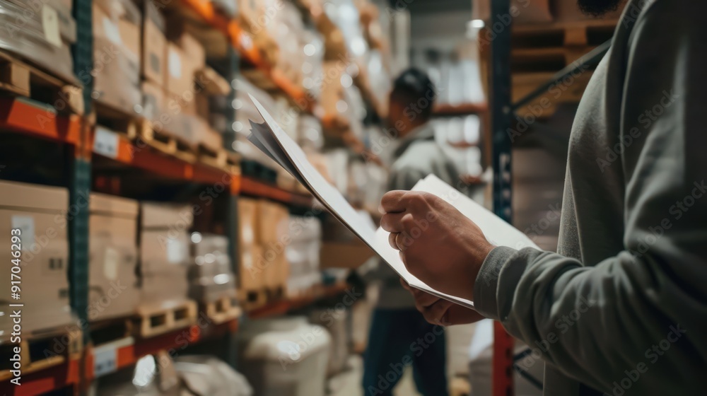 Poster a close-up of a warehouse inventory audit process, with workers conducting checks and updating recor