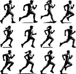 Running man and woman black silhouette isolated vector illustration. Running couple, jogging couple.