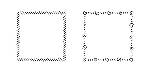 Square doodle frames ,hand-drawn monograms.Edgings and cadres with simple sketchy design elements.Isolated. Vector illustration.