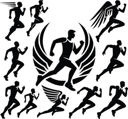 Running man and woman black silhouette isolated vector illustration. Running couple, jogging couple.