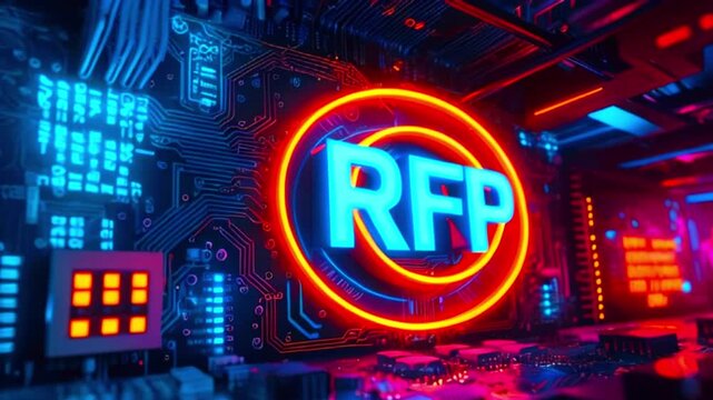RFP neon sign glowing on a circuit board.