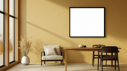 Modern living room interior with a dining table, armchair, and a blank poster frame on the wall, featuring beige walls, wooden furniture, and contemporary home decor. The minimalist design is highligh