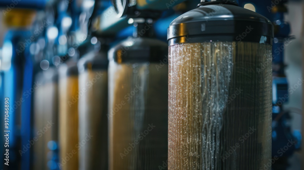 Poster a close-up of activated carbon filters being replaced in a water treatment system to maintain high-q