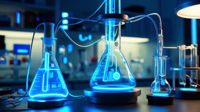 Three beakers with blue liquid glowing on a lab table with a blurred background.
