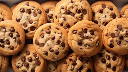 Chocolate chip cookies in a close-up view, emphasizing the delicious textures, front view from above, studio lighting, white background.