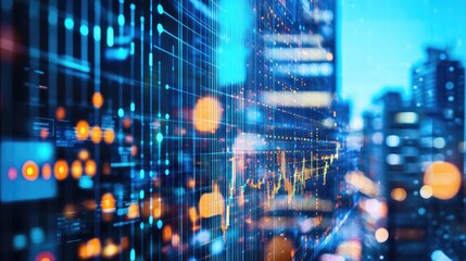 Fototapeta premium Abstract financial graph interface with multiple exposures over a blurry modern office building, showcasing advanced financial technology
