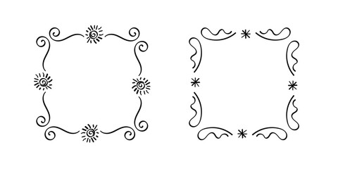 Square doodle frames ,hand-drawn monograms.Edgings and cadres with simple sketchy design elements.Isolated. Vector illustration.