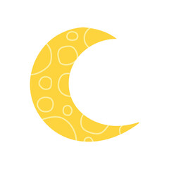 Fototapeta premium A whimsical yellow crescent moon with circular patterns on its surface, set against a white background. The simple, cartoon-style design exudes a playful and charming nighttime theme.