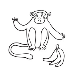 A playful black and white illustration of a cute monkey with a banana peel nearby. The monkey is shown sitting with a friendly expression, perfect for children's coloring pages or educational material