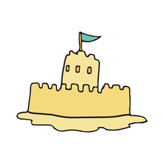 A simple, hand-drawn sandcastle with a blue flag on top, set against a white background. The playful illustration captures the essence of summer beach fun and creativity. & Illustration