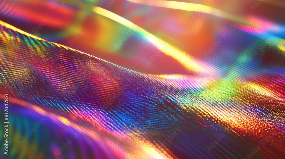 Poster abstract representation of a rainbow holographic texture, highlighting vivid colors and shifting lig