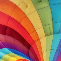 Fototapeta premium Vibrant rainbow-colored hot air balloon fabric envelope captured in close-up during a daytime flight.